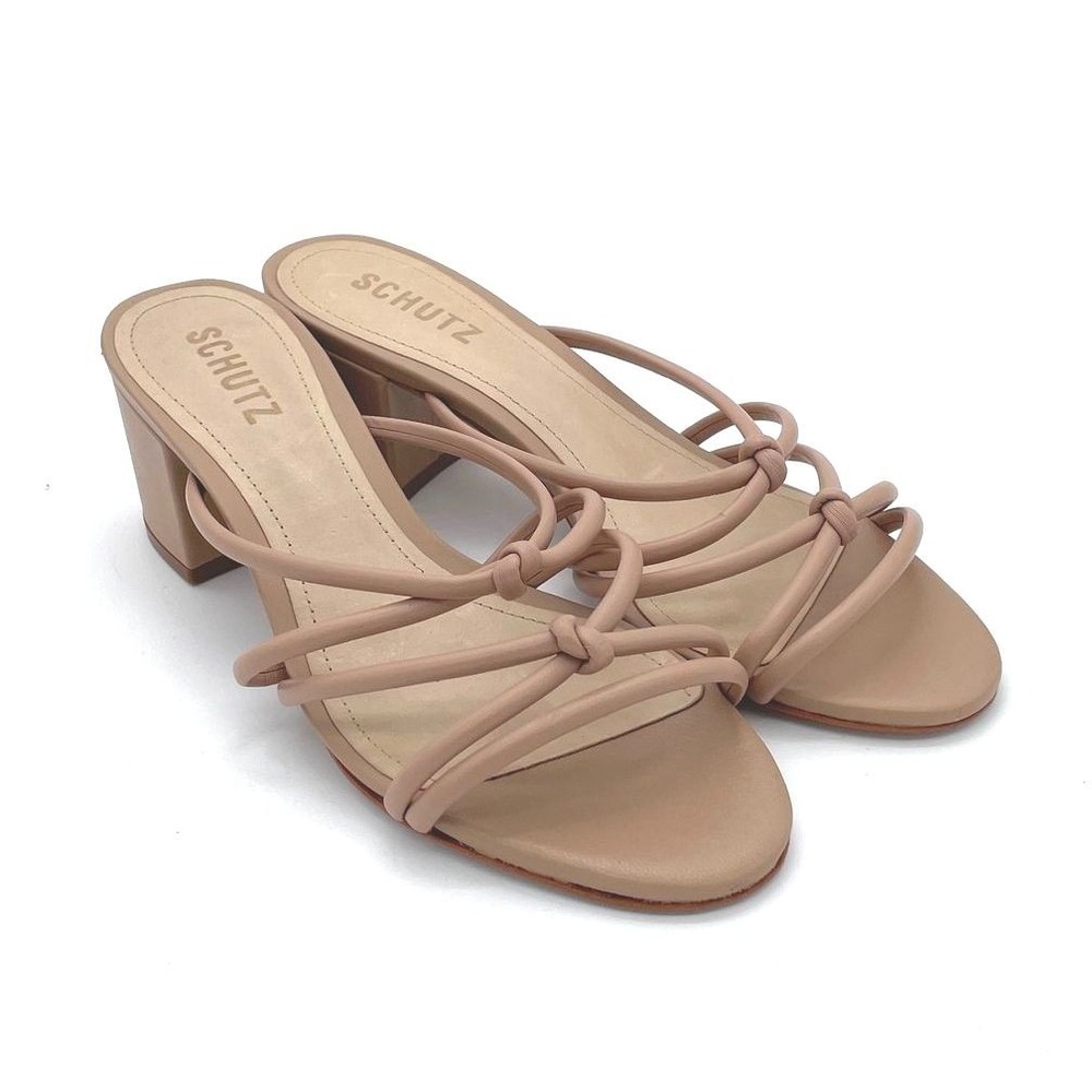 NWT Schutz Leather Strappy Nude Taupe Block Sandals 2.5in Heel Knot Slip Ons 7B